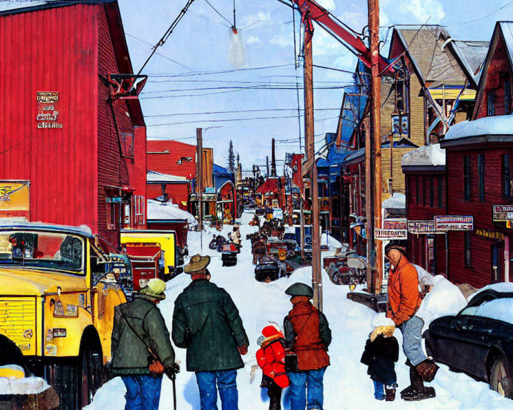 Colorful Snowy Street Scene with People and Cars