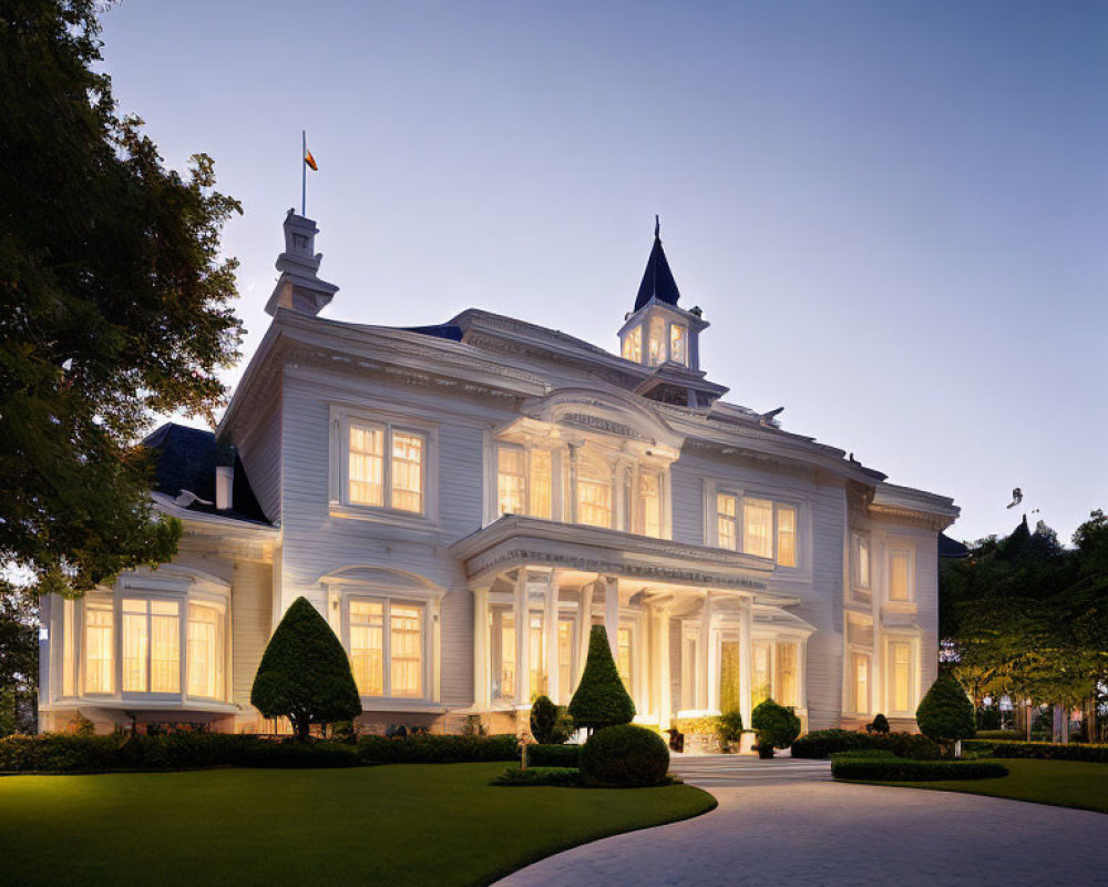 Stately mansion with steeple illuminated at twilight