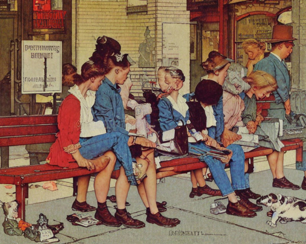 Illustration of children and dog reading on bench outside vintage shop