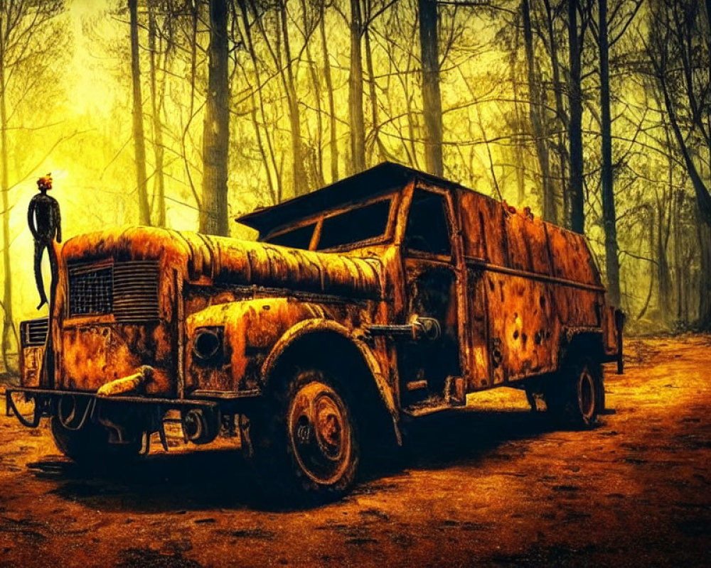 Rusty abandoned truck in foggy golden forest with raven