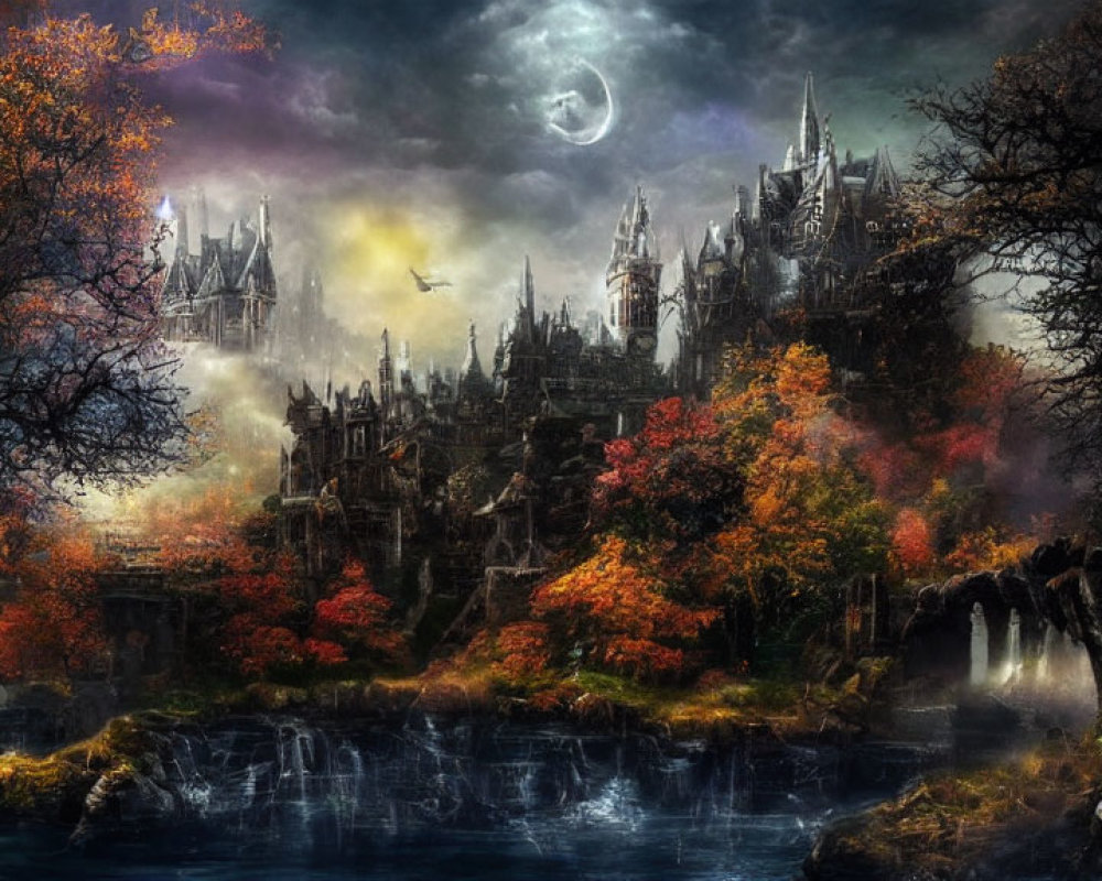 Mystical gothic castle in autumn landscape with river and waterfalls