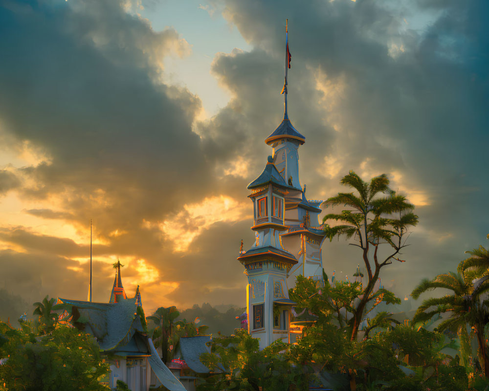 Traditional tower in lush foliage under dramatic sunset sky