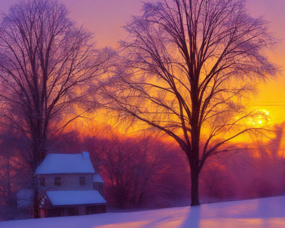 Winter sunset illuminating snow-covered landscape with bare trees and cozy house