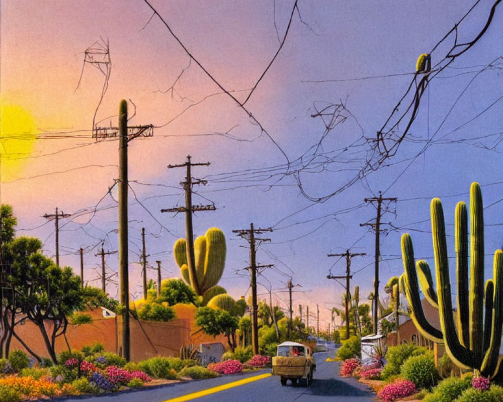 Stylized illustration of suburban street at sunset with cacti, power lines, vintage car