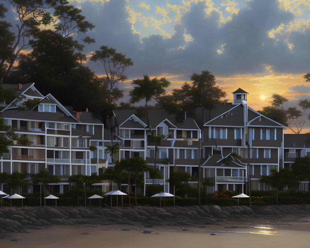 Tranquil beachfront with resort buildings, forest, and golden sunset