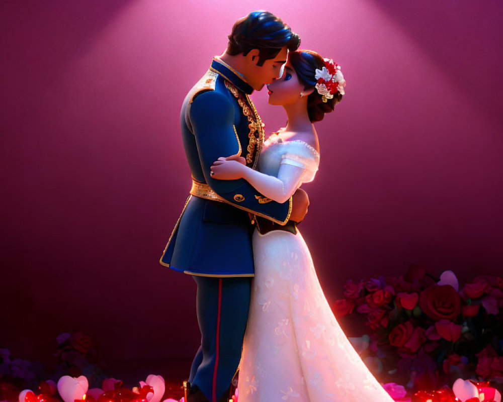 Romantic animated couple embraced by candles and rose petals