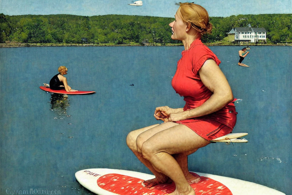 Photomontage of woman meditating on surfboard with miniaturized people on blue lake