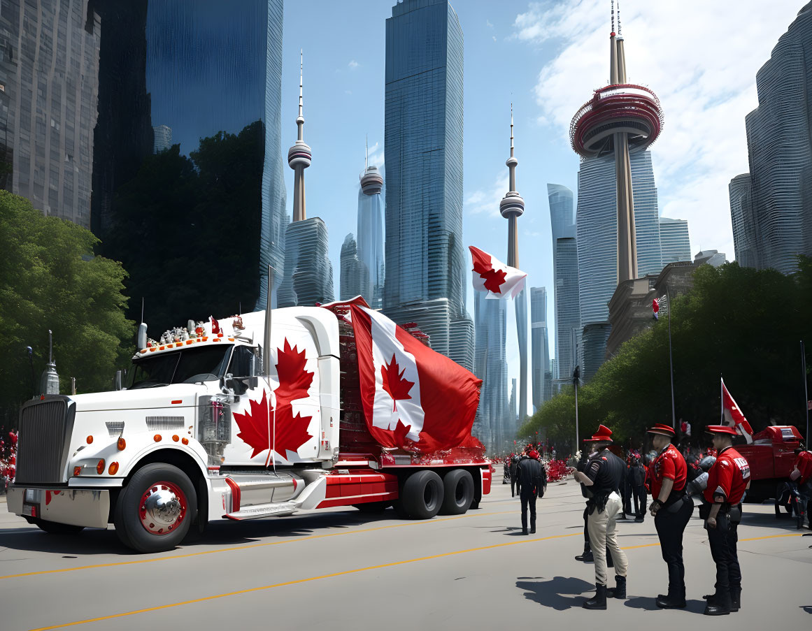 Canadian flag-themed parade with red-clad people and white truck, futuristic skyline.