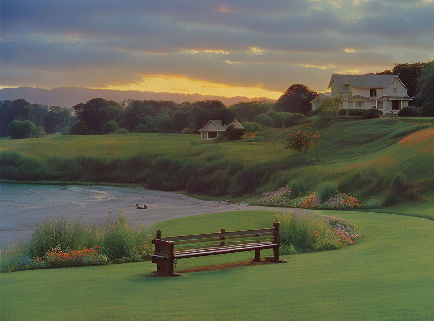 Tranquil sunset landscape with wooden bench, lush field, wildflowers, and distant houses