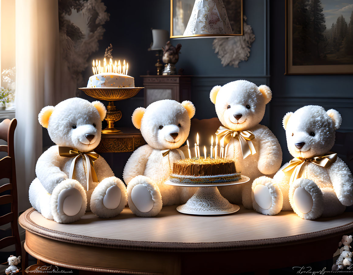 Four plush teddy bears with golden bows around a birthday cake in a cozy room