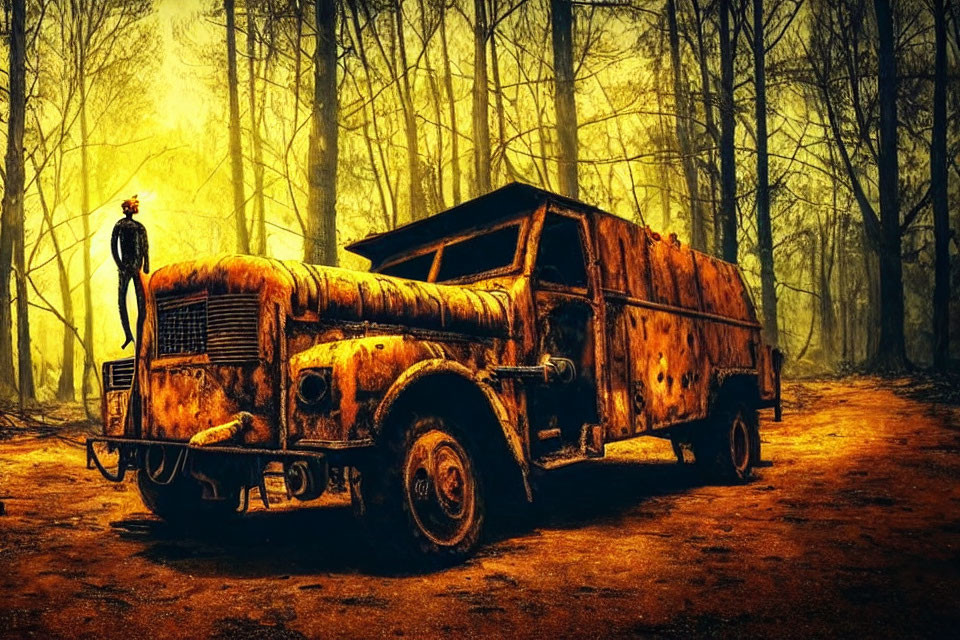 Rusty abandoned truck in foggy golden forest with raven