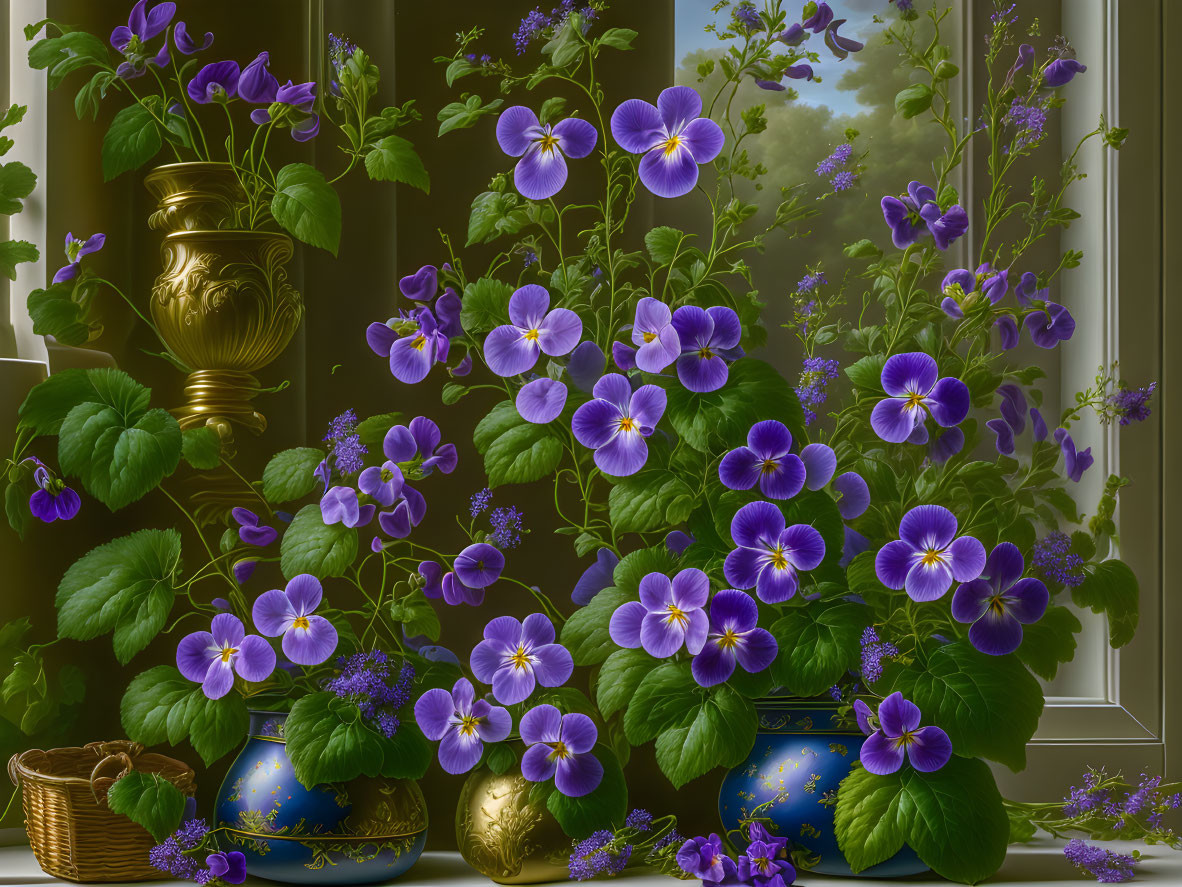 Purple Pansies in Decorative Pots with Green Foliage and Wicker Basket