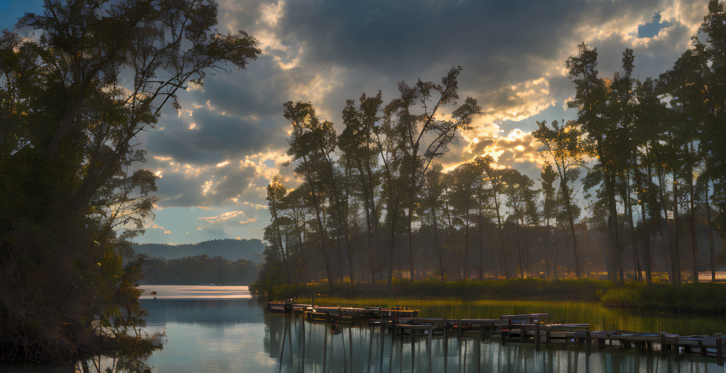 Tranquil lake sunset with pier, silhouetted trees, and dappled sky