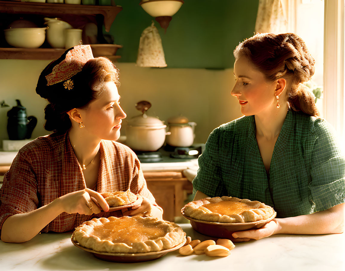 Two women in vintage attire with pies in a kitchen smiling warmly.