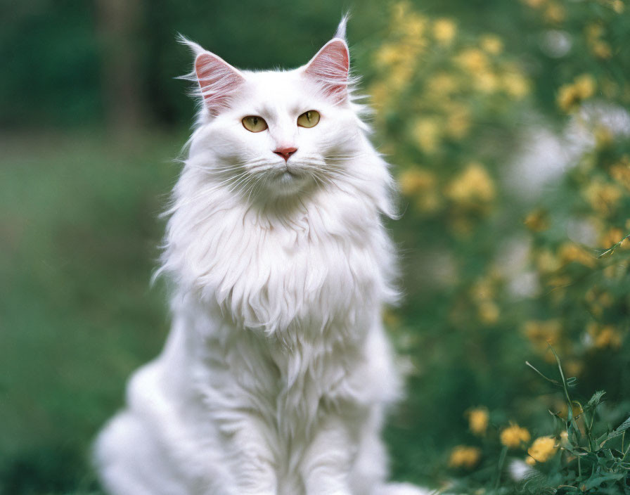 White Long-Haired Cat with Yellow Eyes in Greenery and Yellow Flowers