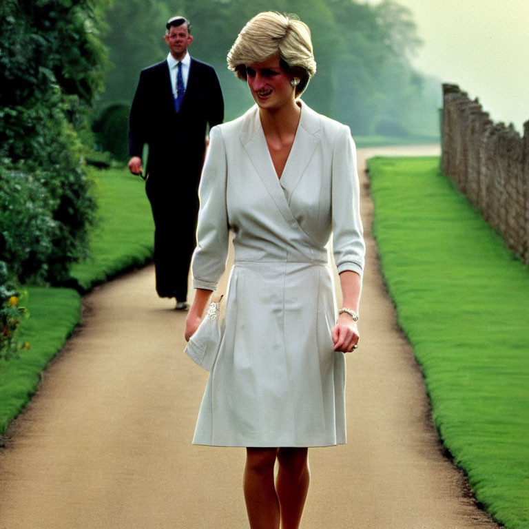 Woman in chic white dress and man in suit walking in verdant setting