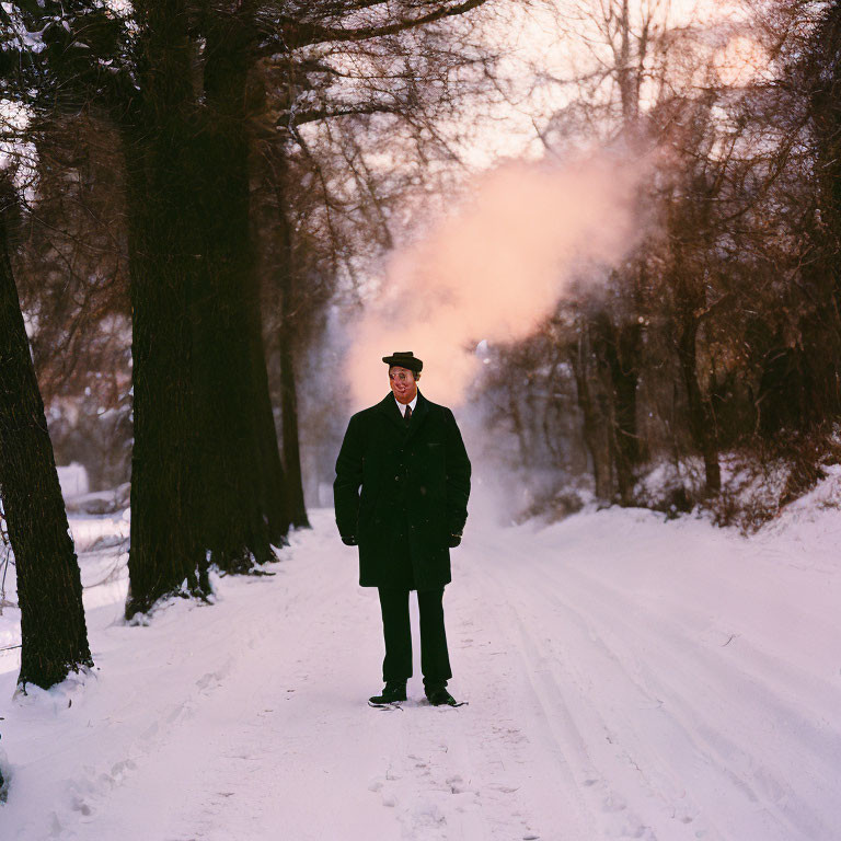 Person in Dark Coat Standing on Snowy Path Between Bare Trees