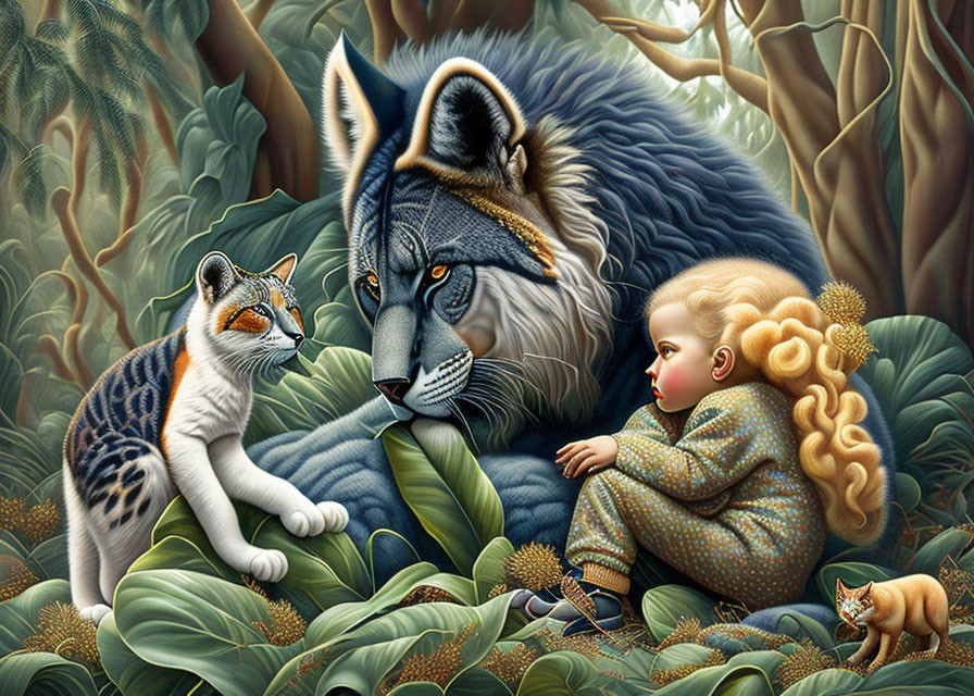 Child with curly blond hair beside wolf-like creature in lush forest with cats.