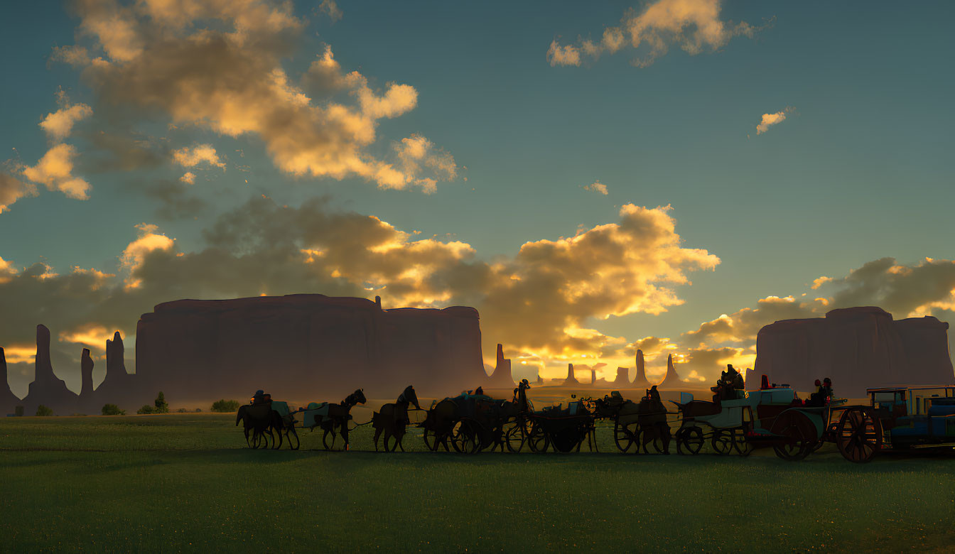 Horse-drawn wagons crossing grassy plain at sunset