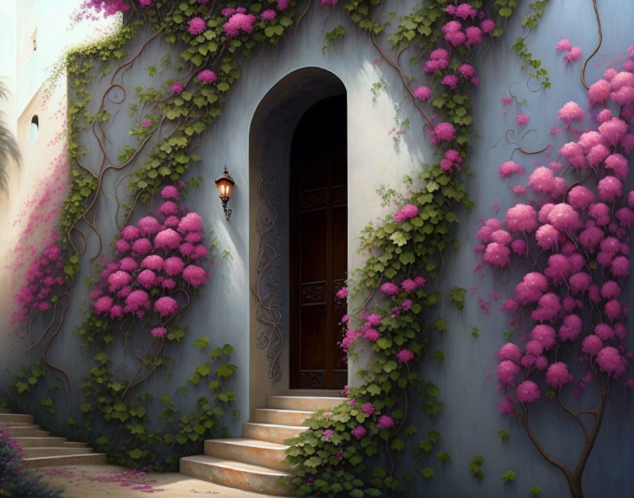 Arched doorway with green vines, pink flowers, lit lamp, and stone steps