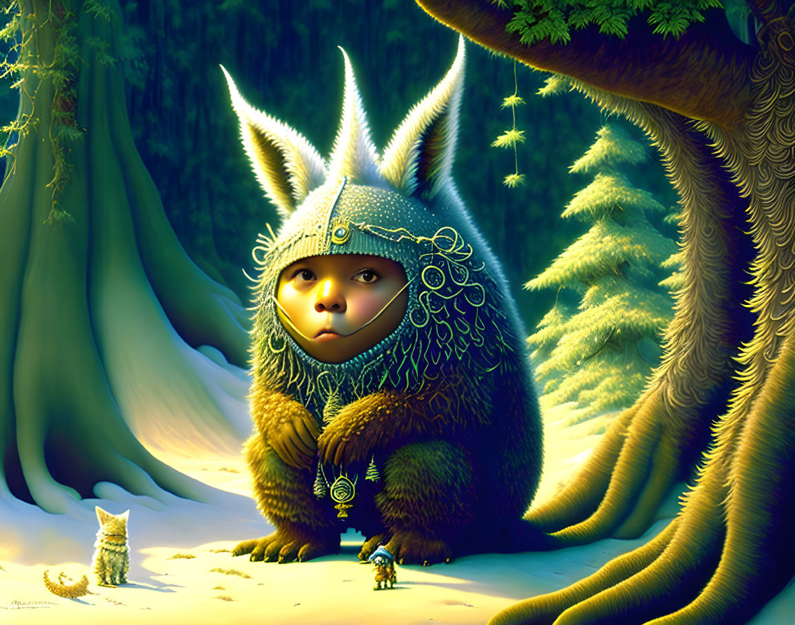 Furry fantasy creature with big ears in forest wearing bejeweled helmet