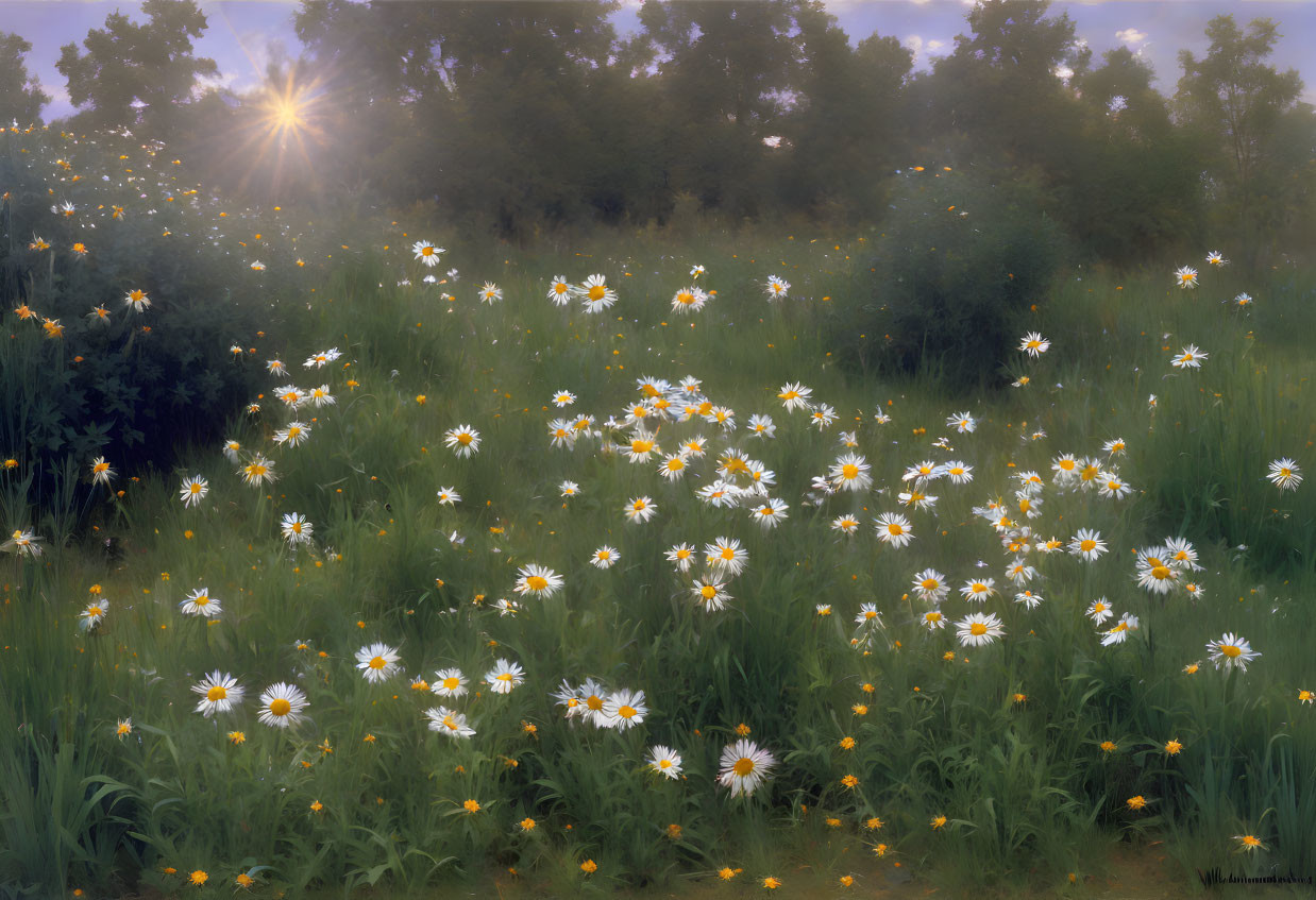 Tranquil meadow at sunrise with white daisies and lush trees