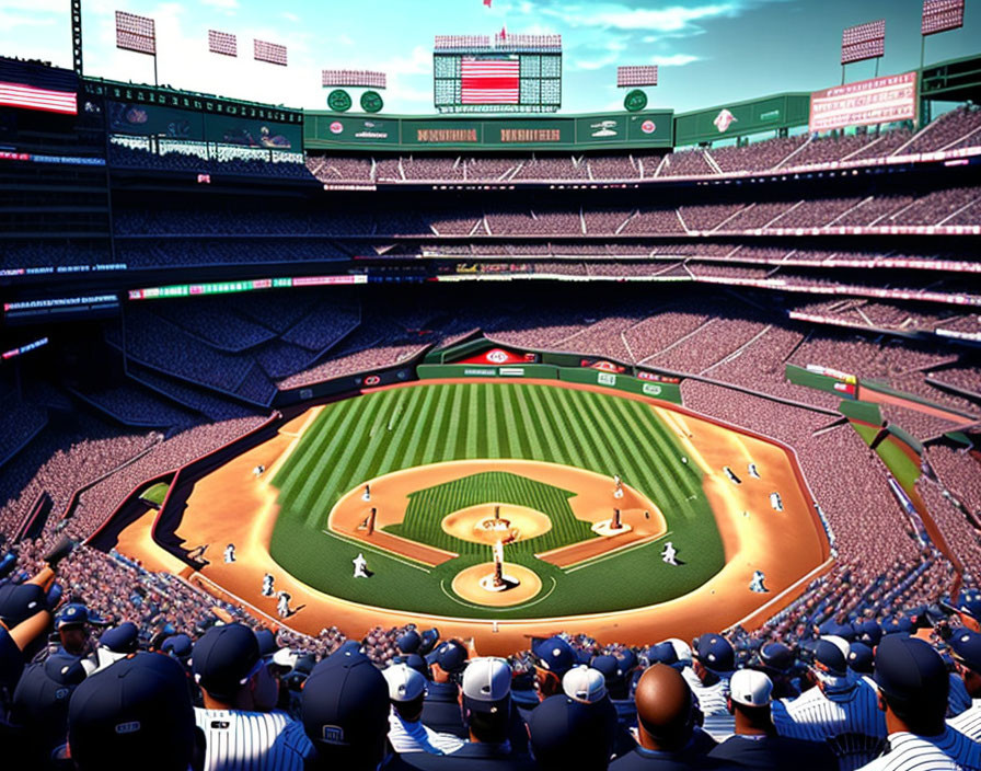 Busy baseball stadium with diamond, infield, outfield, and blue sky.