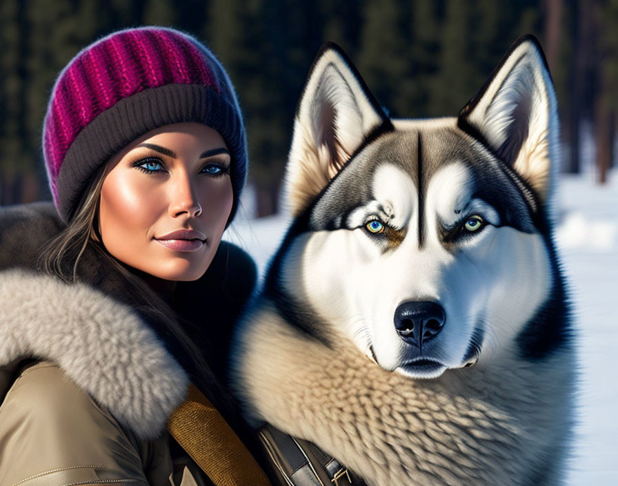 Woman in knit cap and fur-lined coat with Siberian Husky in snowy setting