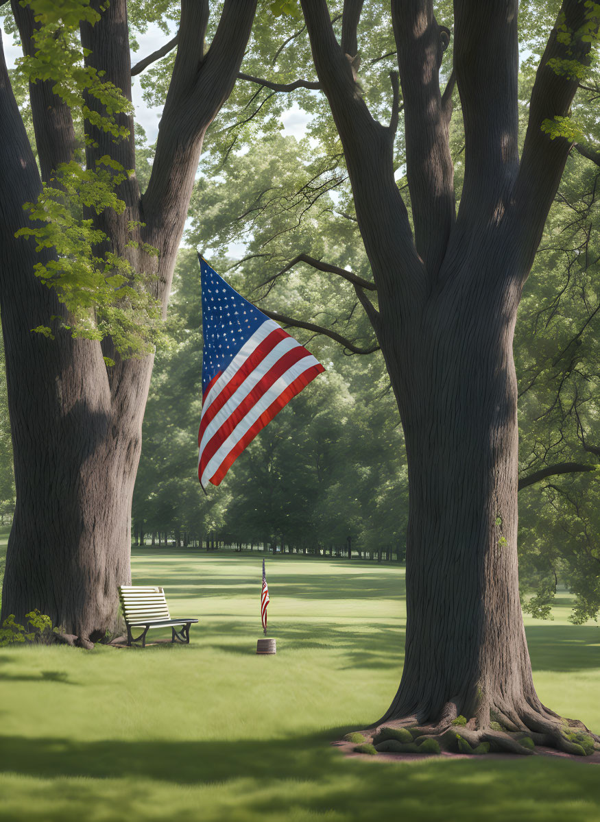 American flag hanging in serene park with lush greenery and distant flagpole