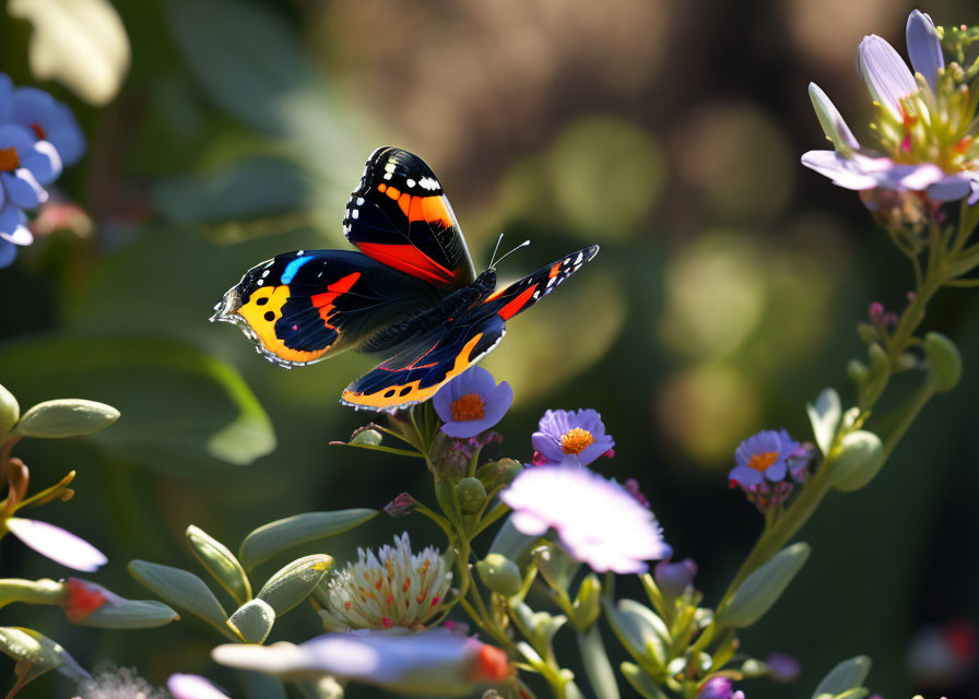 Colorful Butterfly on Purple Flowers with Greenery