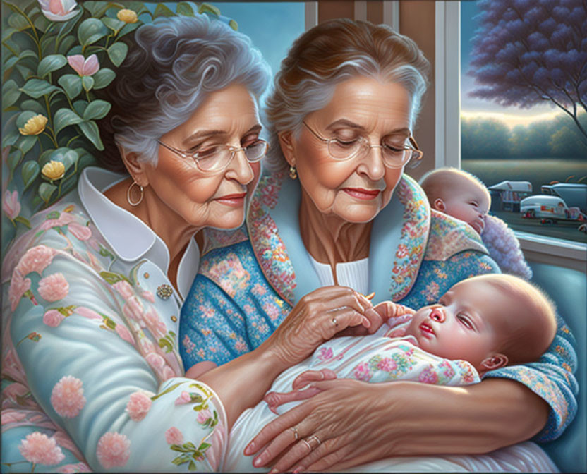 Elderly twin women cradle sleeping baby in serene sunset scene