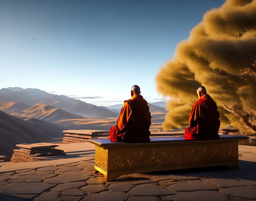 Red-robed monks meditate outdoors at sunset with mountain view.