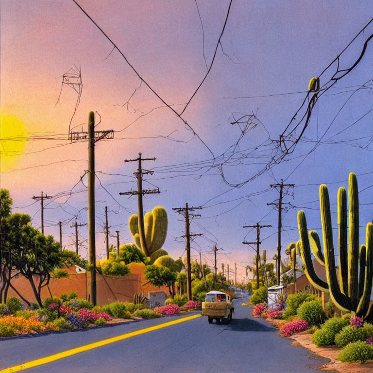 Stylized illustration of suburban street at sunset with cacti, power lines, vintage car