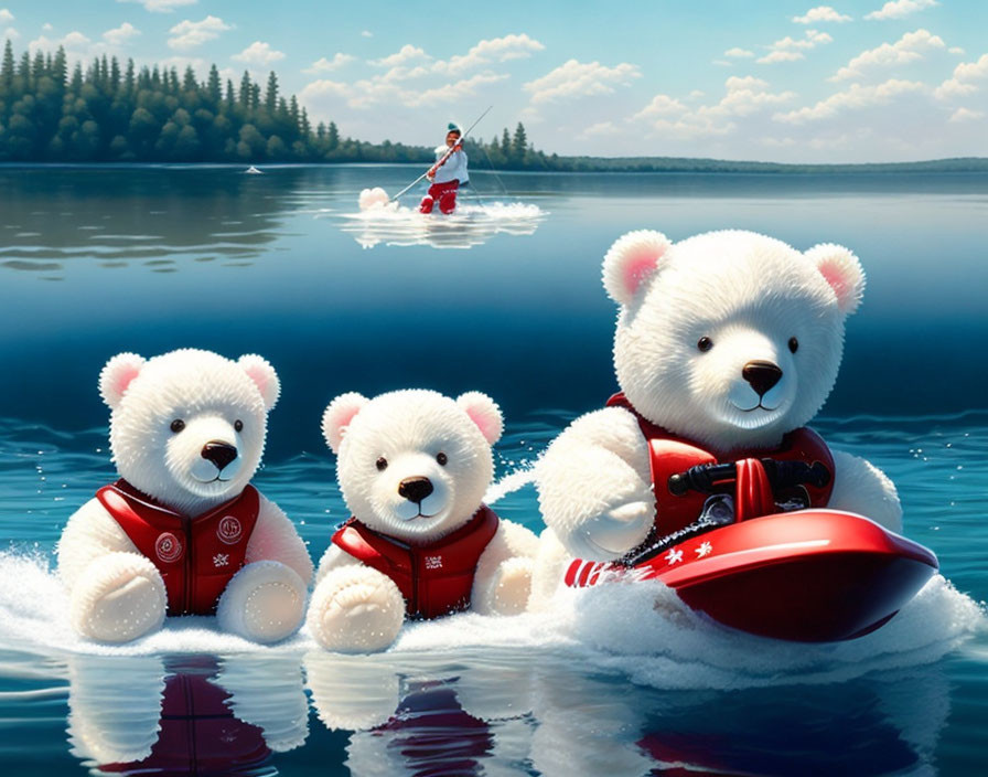 Animated teddy bears on red watercraft with paddleboard bear on calm lake