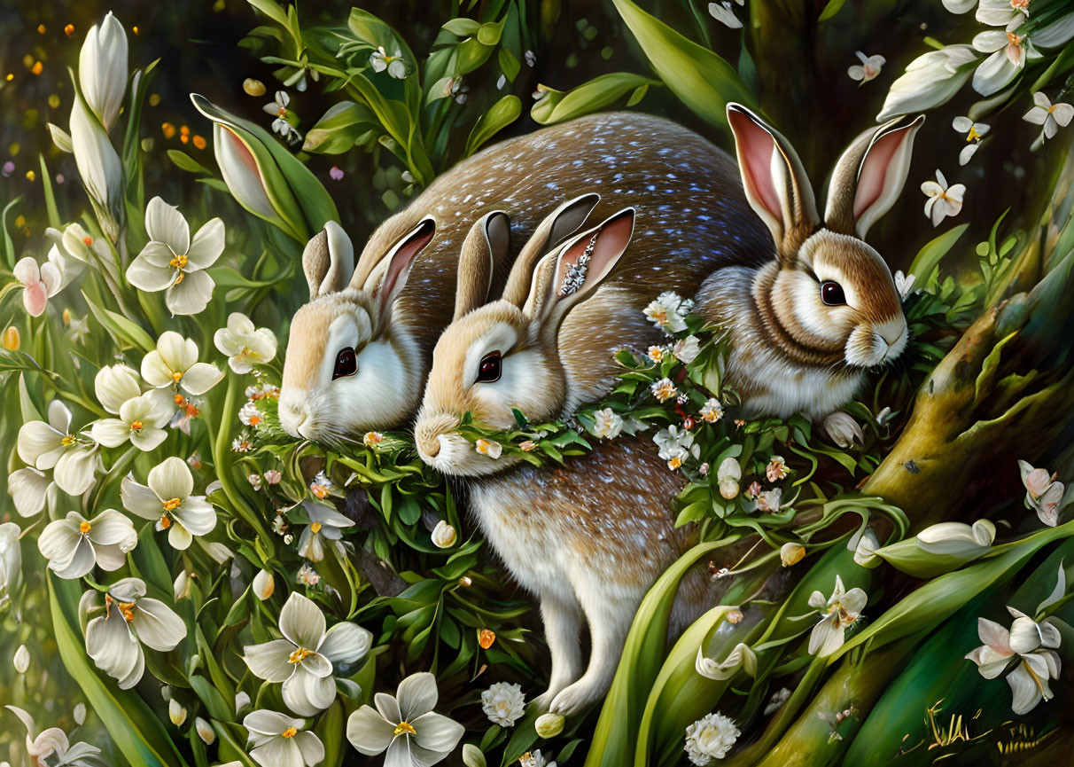 Floral crown adorned rabbits in white blossoms and green foliage