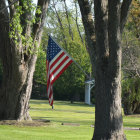 American flag hanging in serene park with lush greenery and distant flagpole