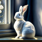 Elegant white rabbit with floral patterns by sunny window