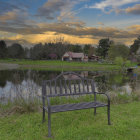 Tranquil sunset landscape with wooden bench, lush field, wildflowers, and distant houses