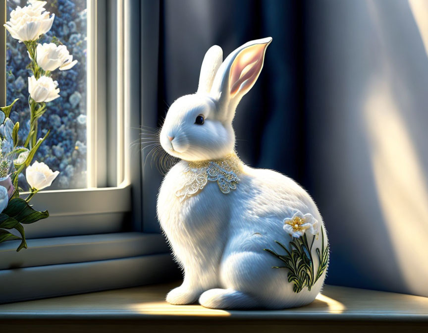 Elegant white rabbit with floral patterns by sunny window