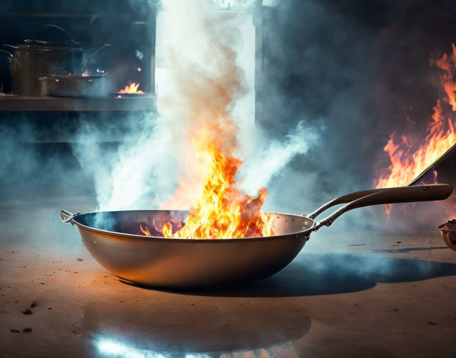 Kitchen scene: Frying pan on stove with flames and smoke