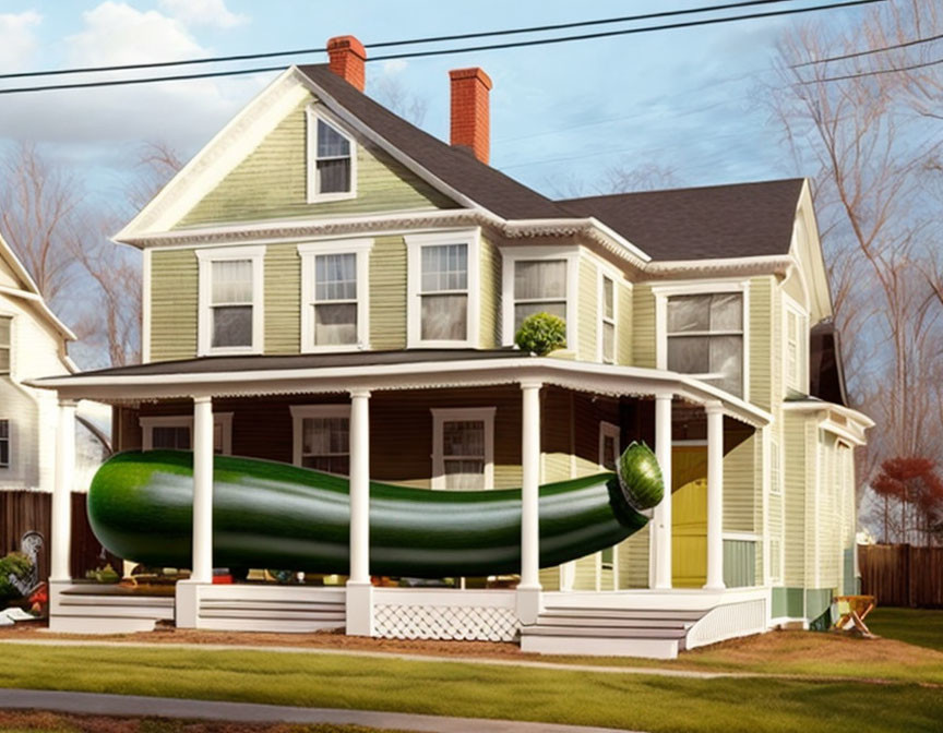 Two-story house with oversized zucchini on porch in suburban scene