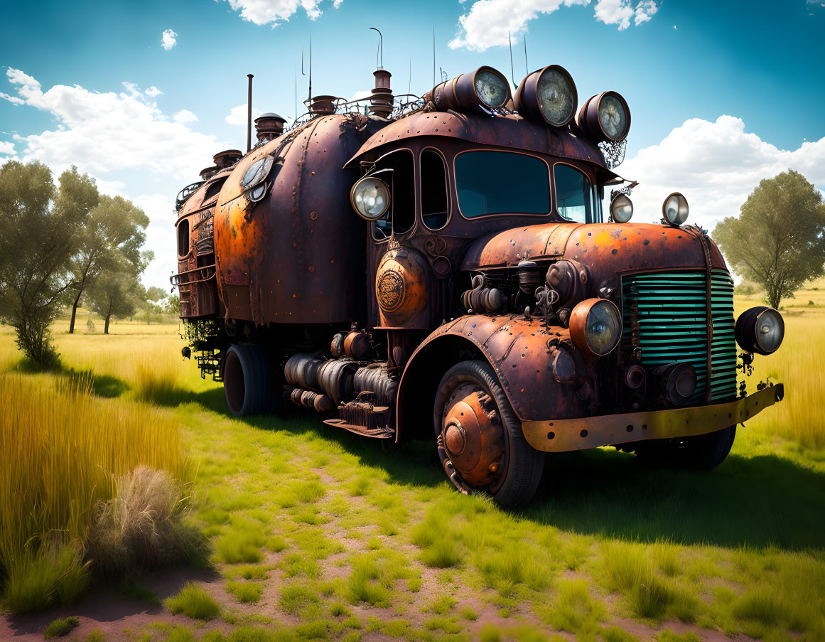 Vintage Rusty Truck with Multiple Exhaust Pipes in Sunlit Field