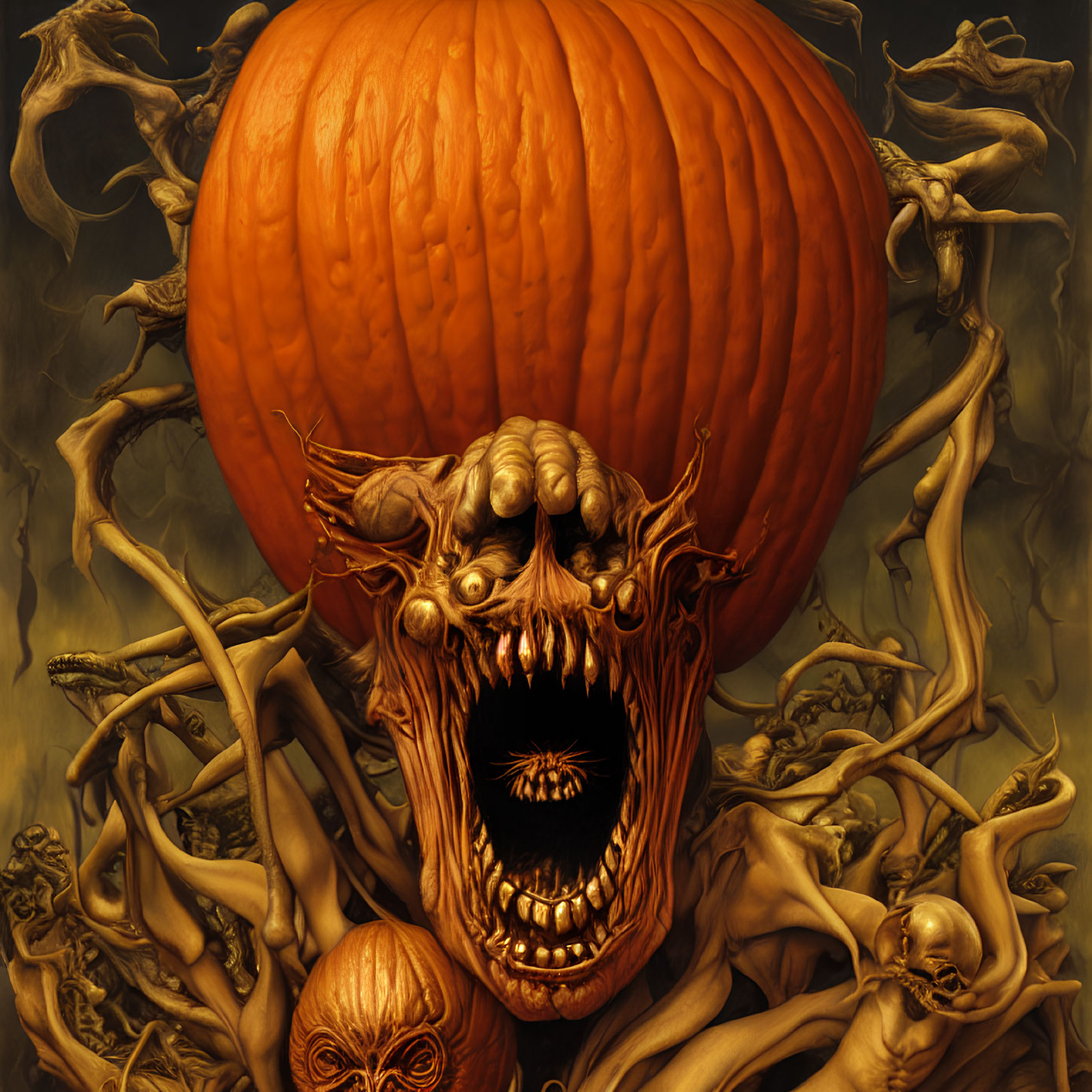 Fantasy illustration of monstrous creature emerging from pumpkin