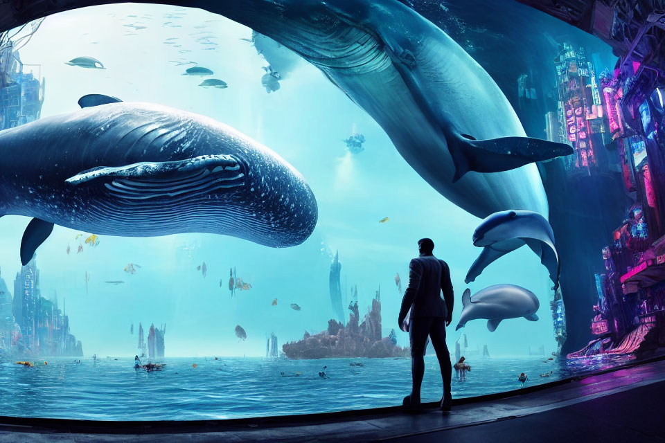 Person observing whales through large underwater window in futuristic cityscape