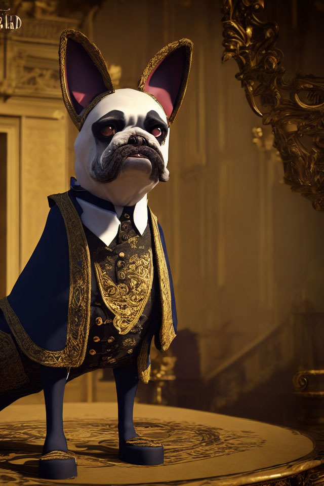 Stylized 3D French Bulldog in Royal Outfit in Luxurious Room