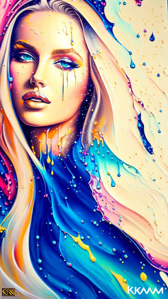 Vibrant woman illustration with flowing blue and yellow hair and falling paint streaks