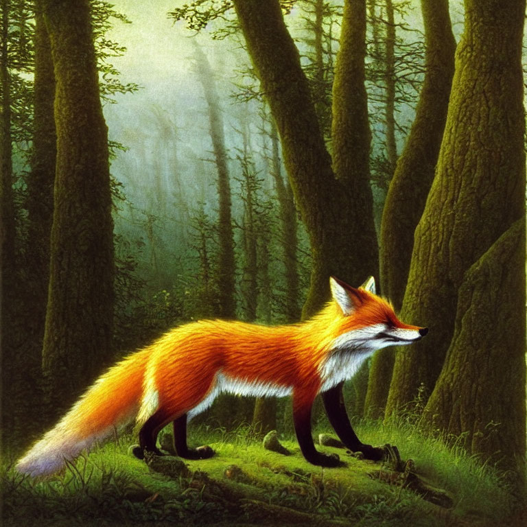 Red Fox in Lush Green Forest with Towering Trees