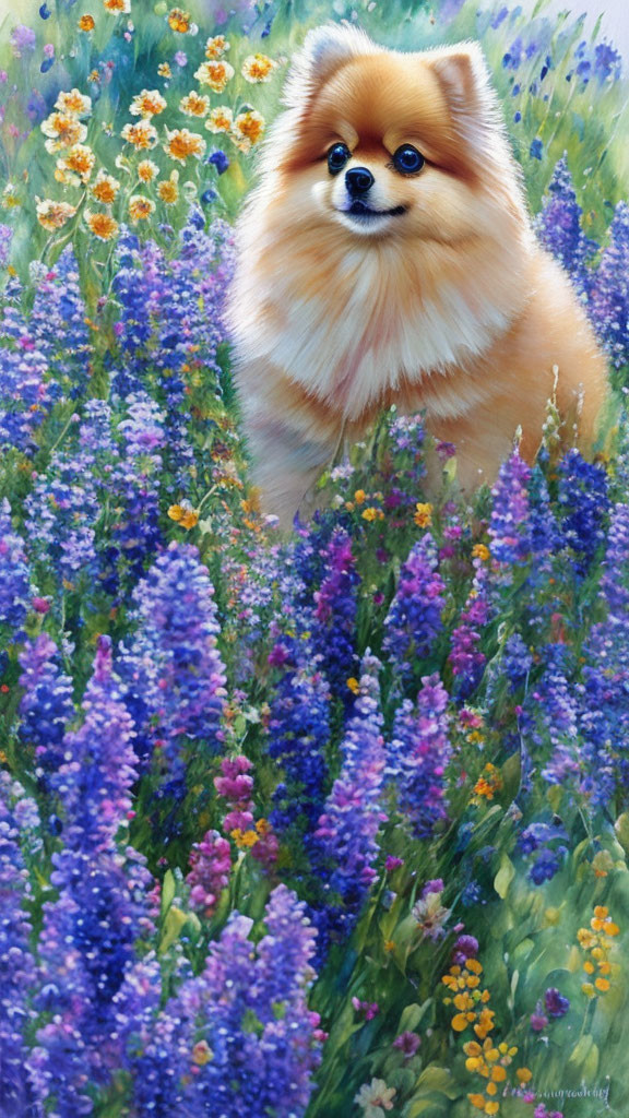 Fluffy Pomeranian Dog in Vibrant Flower Field