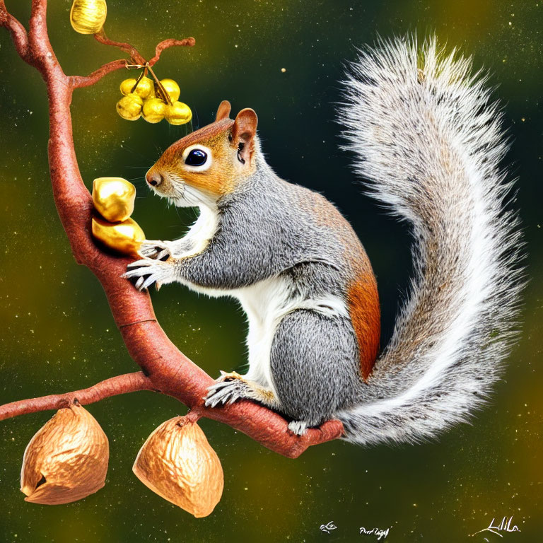 Colorful squirrel illustration on branch with golden nuts in starry sky