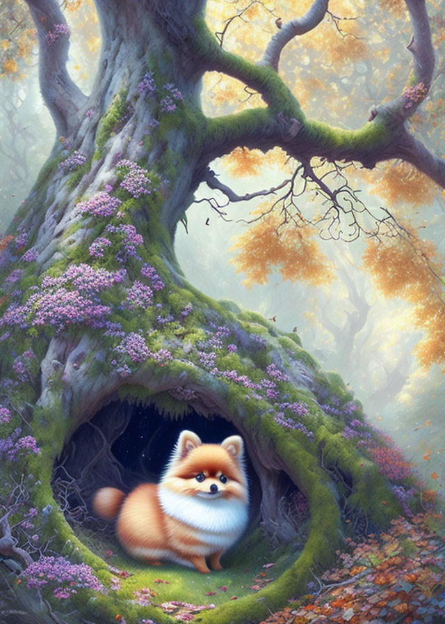 Orange Fox in Enchanted Forest with Tree and Flowers